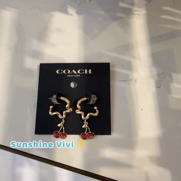 NEW Coach Cherry Wavy Huggie Earrings Gold/Red CAA16 - Picture 1 of 5